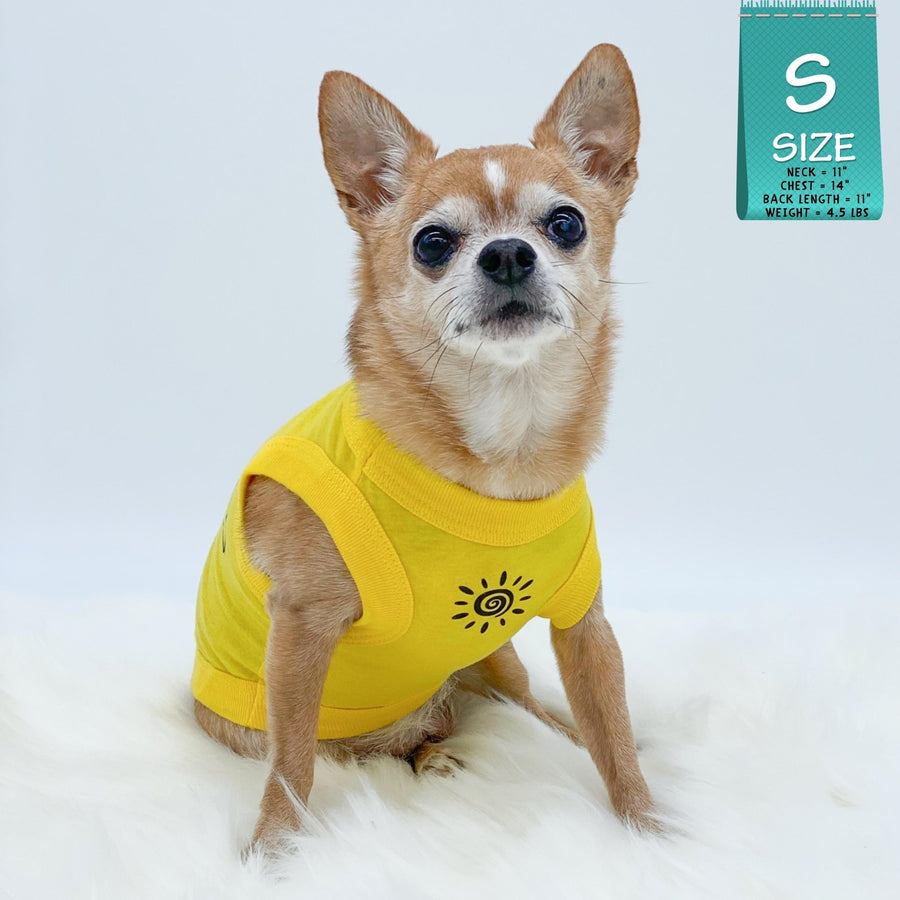 Dog T-Shirt - Chihuahua wearing yellow "Sunny Days" dog t-shirt - modern black sunshine emoji on chest - against solid white background - Wag Trendz