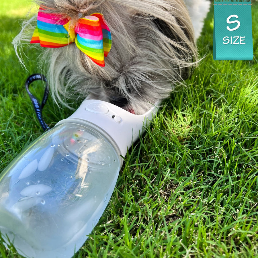 Dog Portable Water Bottle - Small dog drinking dog portable water - outdoors in the grass - Wag Trendz