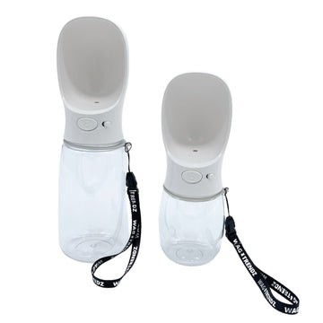 Dog Portable Water Bottle - white with black & white logo strap - large and small against solid white background - Wag Trendz