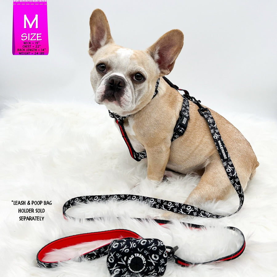 H Dog Harness - Roman Dog Harness - French Bulldog wearing black and white XO pattern with red accents - against solid white background - Wag Trendz