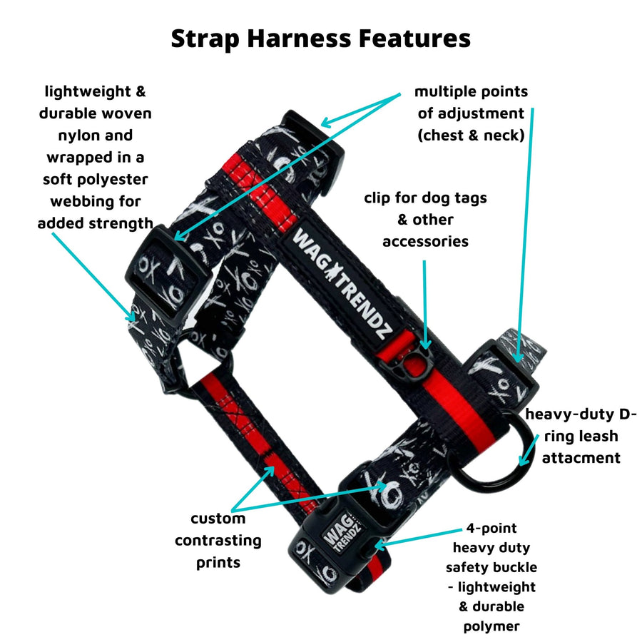 H Dog Harness - Roman Dog Harness - black and white XO pattern with red accents - with product feature captions against white background - Wag Trendz