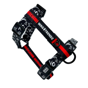 H Dog Harness - Roman Dog Harness - in black and white XO design with red accents against white background - Wag Trendz