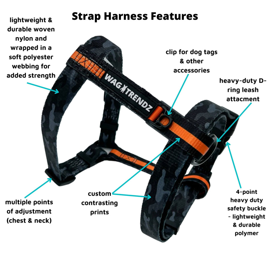 H Dog Harness - Roman Dog Harness - Large Black and gray camo dog harness with orange accents against a white background - with product feature captions - Wag Trendz