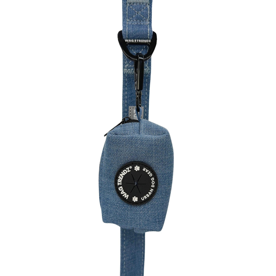 Harness and Leash Set + Poop Bag Holder - Downtown Denim Dog Leash hanging with matching Poop Bag Holder attached - against a solid white background - Wag Trendz