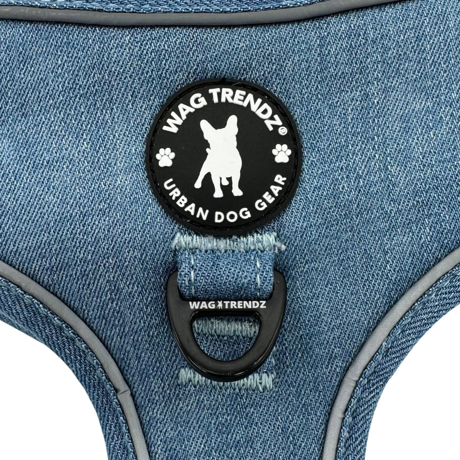 Harness and Leash Set + Poop Bag Holder - Downtown Denim Dog Harness - Close-up view of the chest D-Ring for No Pull Training and rubber logo - against solid white background - Wag Trendz