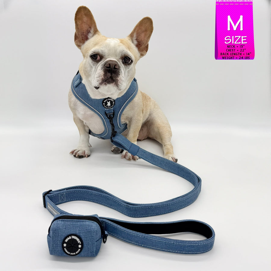 Harness and Leash Set + Poop Bag Holder - French Bulldog wearing a medium Downtown Denim Dog Harness with matching denim dog leash and poop bag holder attached - against a solid white background - Wag Trendz
