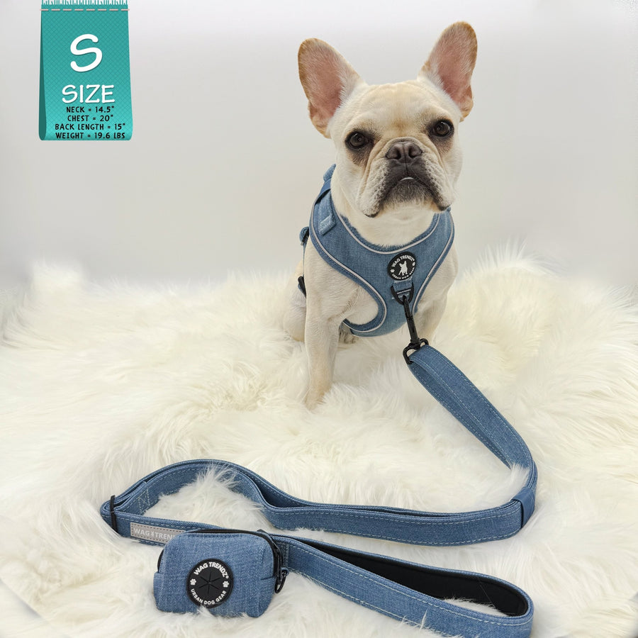 Harness and Leash Set + Poop Bag Holder - French Bulldog wearing a small Downtown Denim Dog Harness with matching denim dog leash and poop bag holder attached - against a solid white background - Wag Trendz