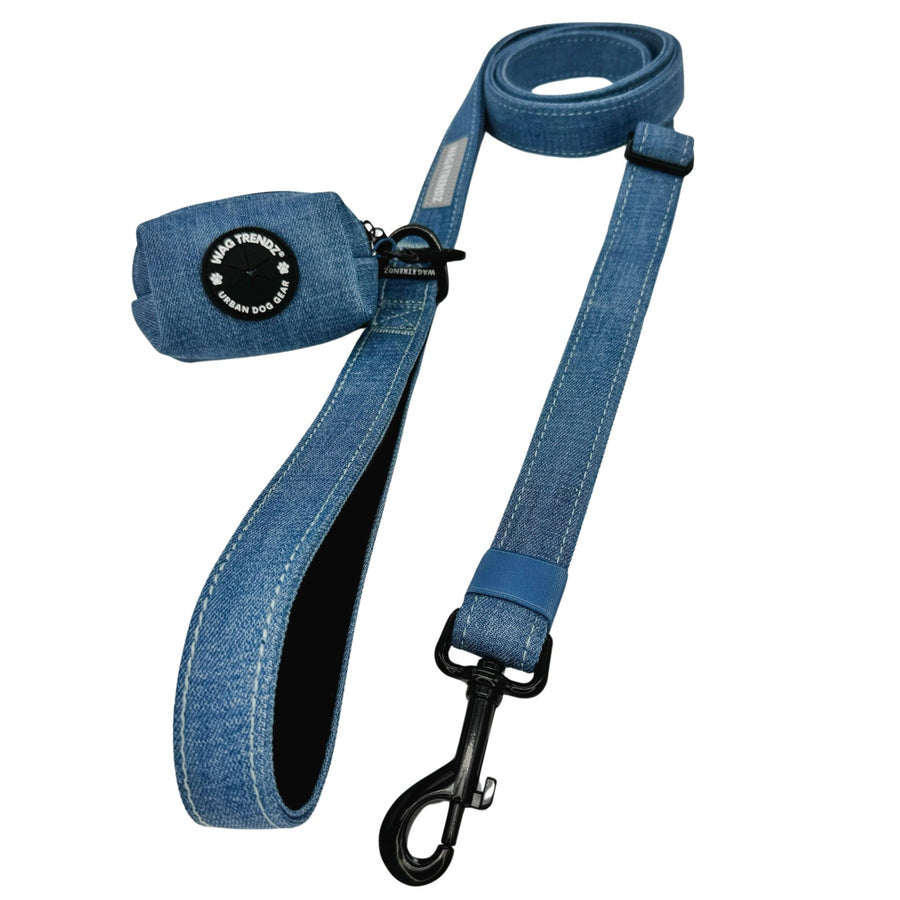 Harness and Leash Set + Poop Bag Holder - Downtown Denim Dog Leash with matching Poop Bag Holder attached - against a solid white background - Wag Trendz