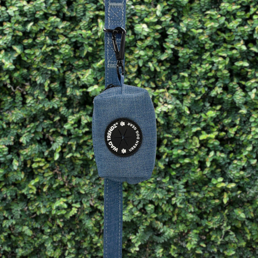Harness and Leash Set + Poop Bag Holder - Downtown Denim Dog Leash hanging with matching Poop Bag Holder attached - against a greenery wall background - Wag Trendz