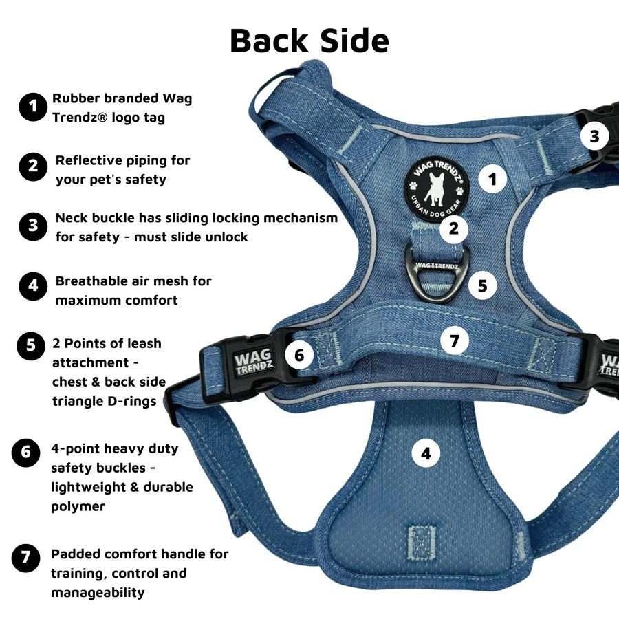 No Pull Dog Harness and Least Set - Downtown Denim No Pull Dog Harness with product feature captions on the back side of the harness - against solid white background - Wag Trendz