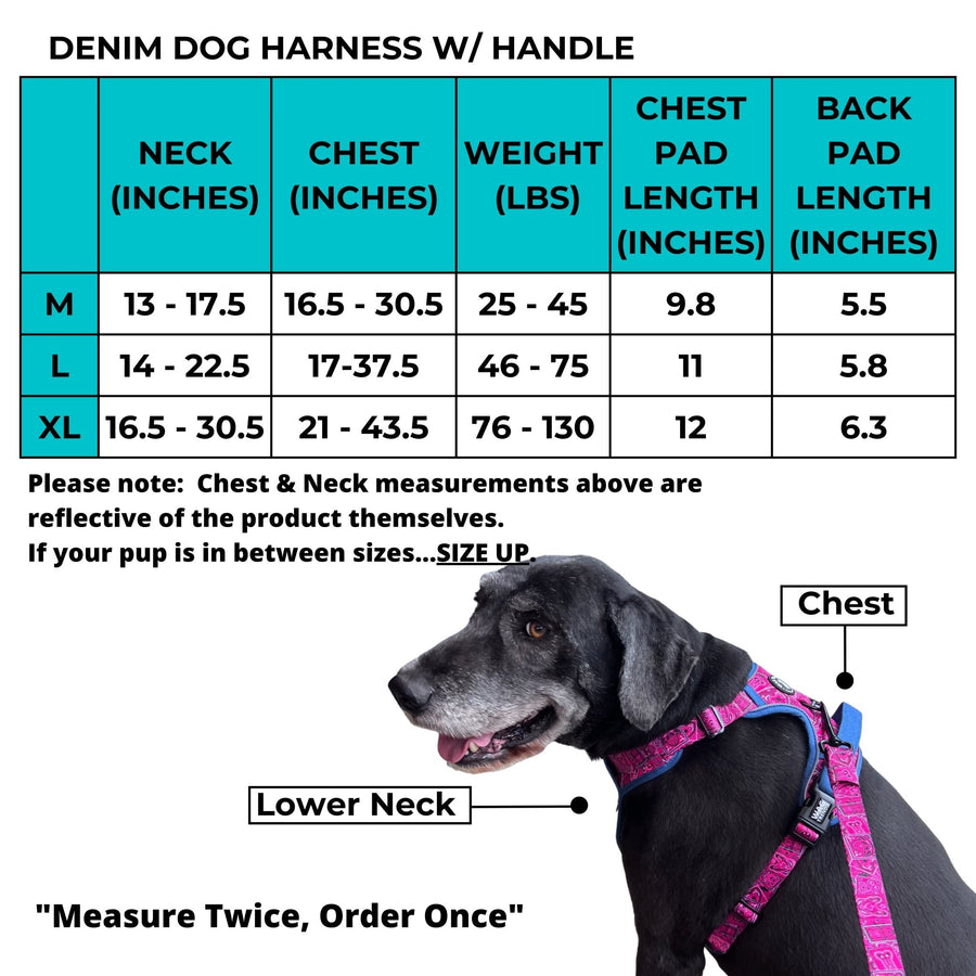 No Pull Dog Harness and Least Set + Poop  Bag Holder - Downtown Denim - Size Chart - Wag Trendz