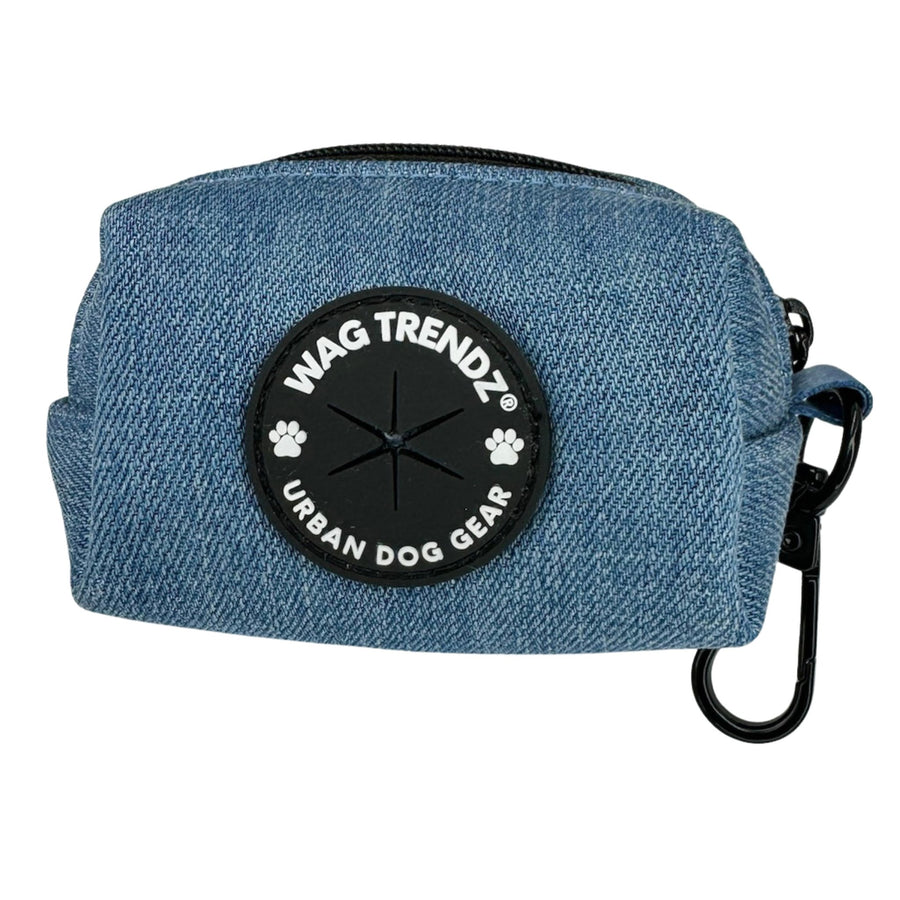 No Pull Dog Harness and Least Set + Poop  Bag Holder - Downtown Denim Poop Bag Holder with black rubber logo dispenser - against a solid white background - Wag Trendz