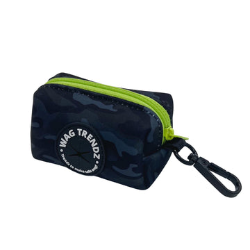 Dog Poo Bag Holder - black and gray camo design with a hi-vis zipper and black rubber logo dispenser on front - against a solid white background - Wag Trendz