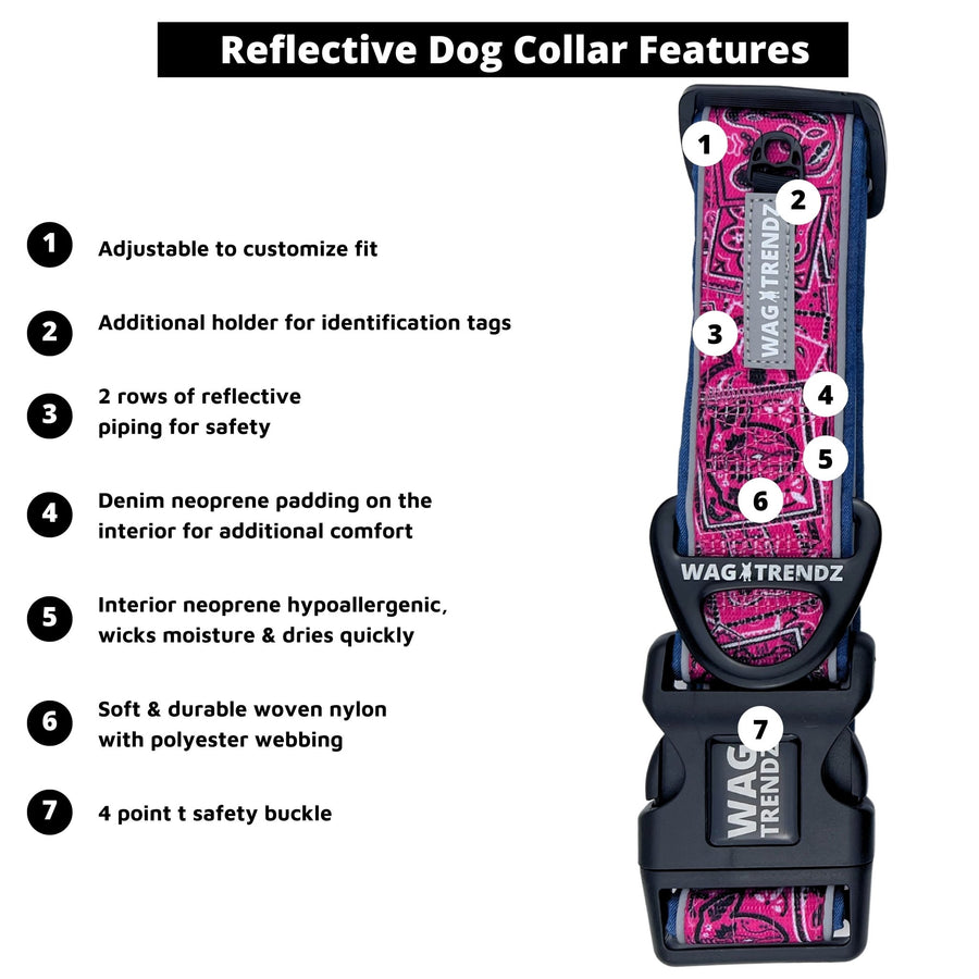 Reflective Dog Collar - Bandana Boujee in Hot Pink with Denim padded backing - with product feature captions - against solid white background - Wag Trendz