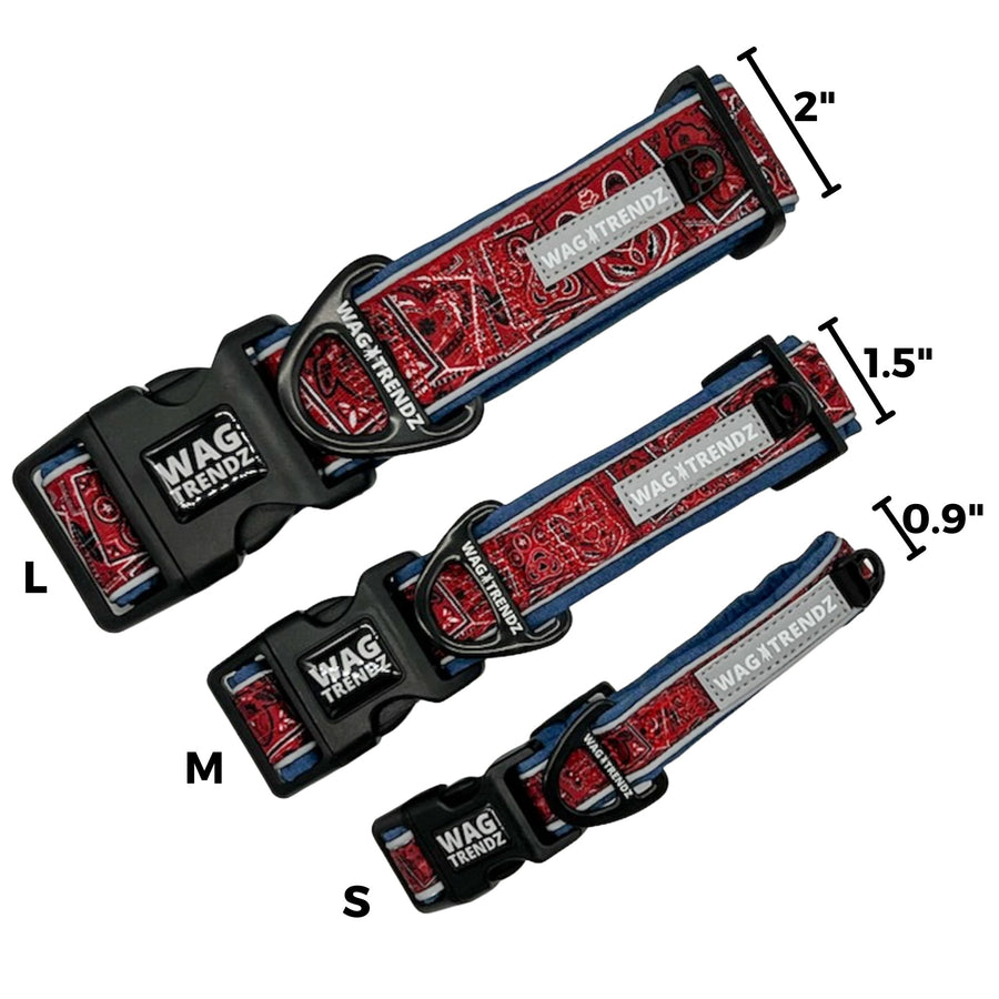 Reflective Dog Collar - Small, Medium and Large Reflective Dog Collars in Bandana Boujee Red with Denim padded interior - black accents and reflective logo tag - against solid white background - Wag Trendz