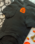 Dog Hoodie - Hoodies For Dogs - Halloween - "Shake Your BOO Thang"  in black - Front chest view has orange pumpkin with skeleton and candy corn background - Wag Trendz