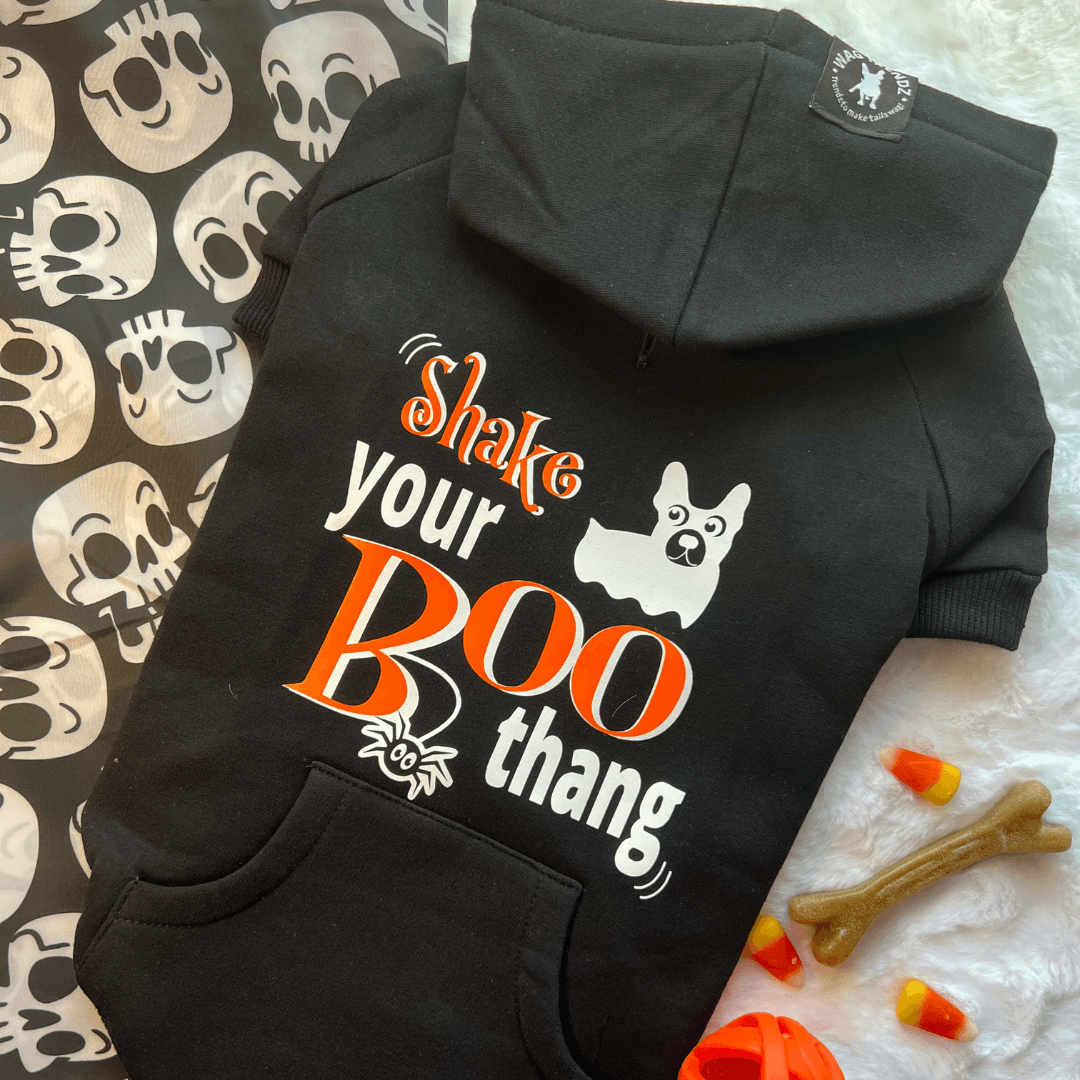 Dog Hoodie - Hoodies For Dogs - Halloween - &quot;Shake Your BOO Thang&quot; hoodie in black -  back view has Shake your Boo thang in orange and white -  skeleton dog and candy corn background - Wag Trendz