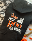 Dog Hoodie - Hoodies For Dogs - Halloween - "Shake Your BOO Thang" hoodie in black -  back view has Shake your Boo thang in orange and white -  skeleton dog and candy corn background - Wag Trendz