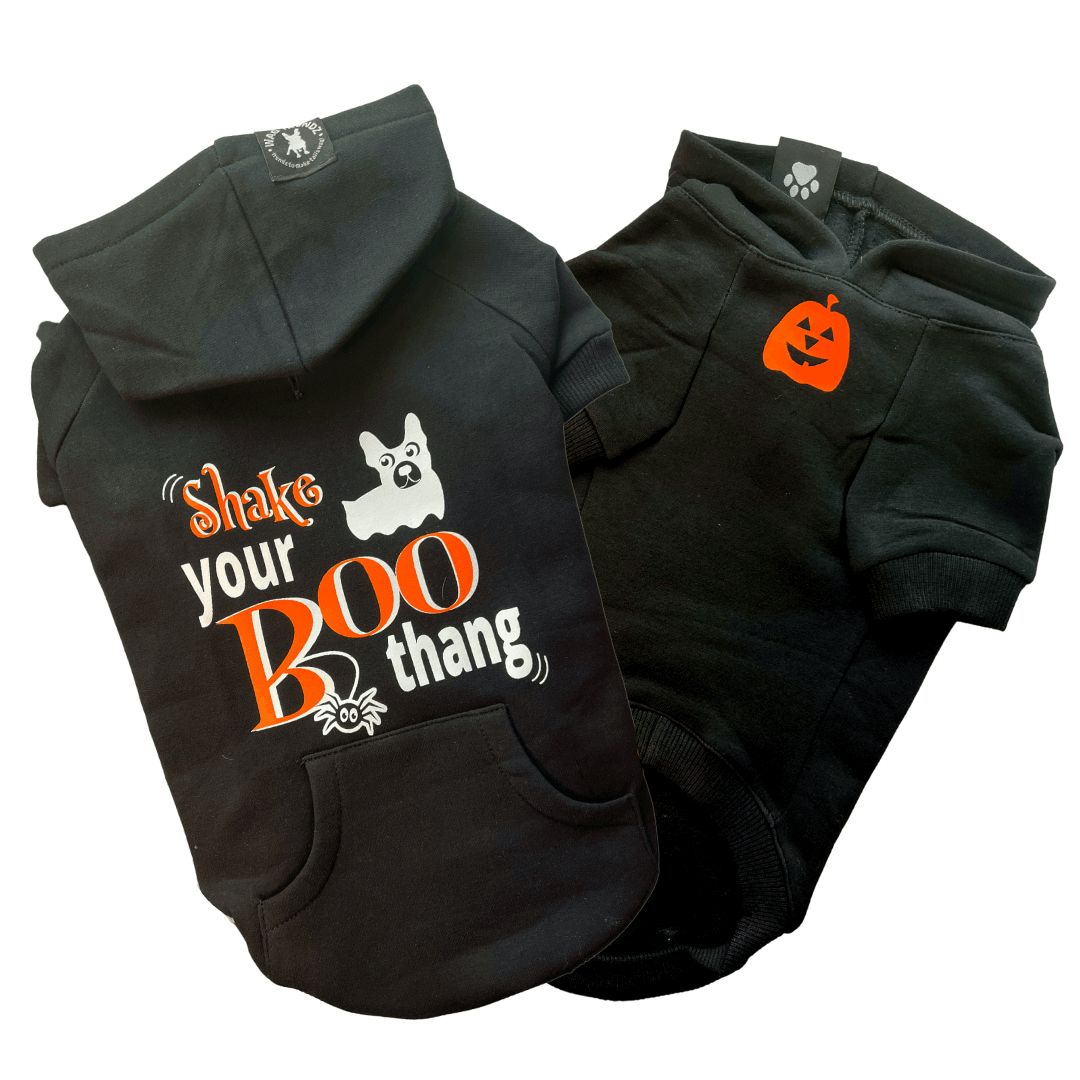 Dog Hoodie - Hoodies For Dogs - Halloween - &quot;Shake Your BOO Thang&quot; in black  with solid white background - Front view has orange pumpkin and back view has Shake your Boo thang - Wag Trendz