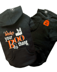 Dog Hoodie - Hoodies For Dogs - Halloween - "Shake Your BOO Thang" in black  with solid white background - Front view has orange pumpkin and back view has Shake your Boo thang - Wag Trendz